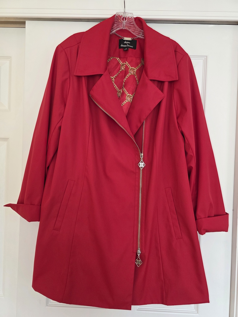dennis basso Bright Red Raincoat with Chain-Print Lining